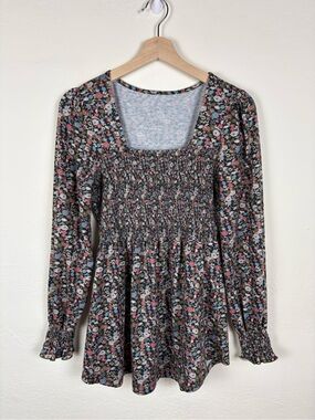 LOMON Women M Microfloral Smocked Puff Long Sleeve Blouses Square Neck Tunic